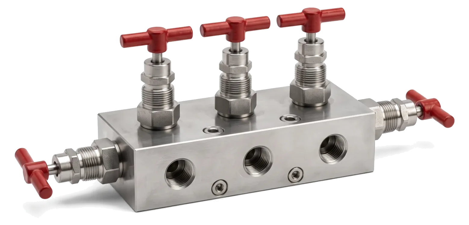 Double block and bleed instrumentation valve with flanged outlet